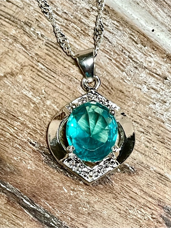 Jewelry - Sterling Silver Necklace with Bright Teal Crystal Pendant